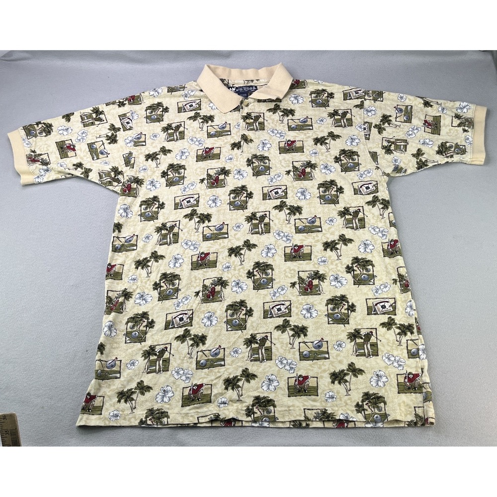 Vintage Big Dogs Golf Polo Shirt Men's XL Beige All Over Print Palm Trees